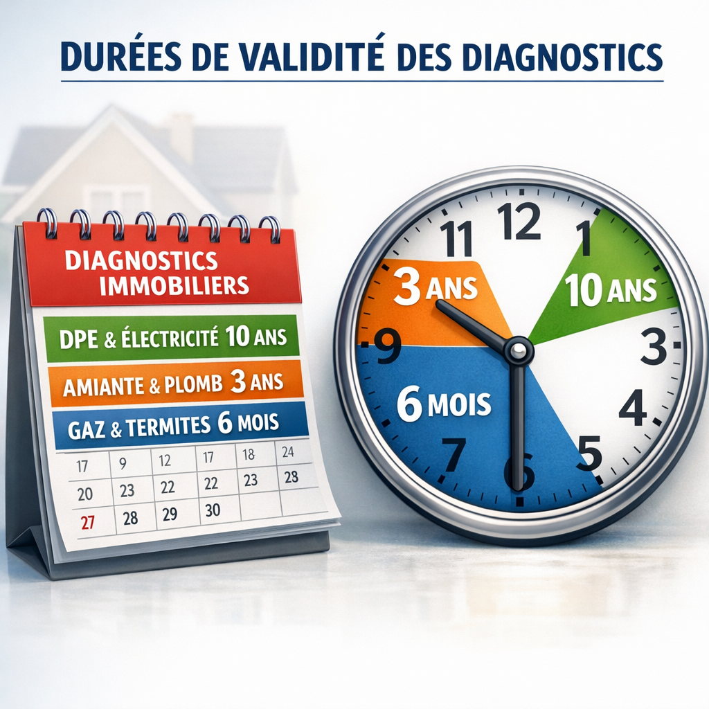 Calendrier et horloge symbolisant les durées de validité des diagnostics immobiliers